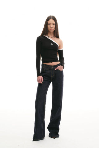[NAWS] Sculpture Sweater Contrast Cold Shoulder Top