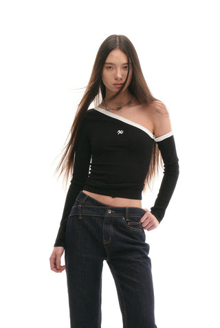 [NAWS] Sculpture Sweater Contrast Cold Shoulder Top