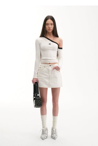 [NAWS] Sculpture Sweater Contrast Cold Shoulder Top