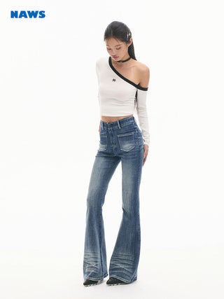[NAWS] Sculpture Sweater Contrast Cold Shoulder Top
