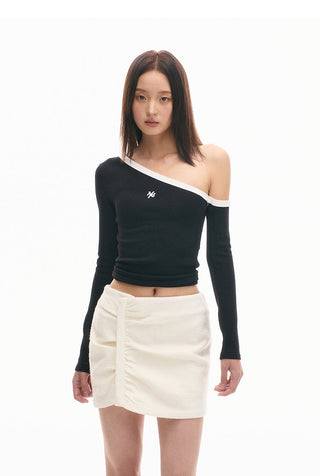 [NAWS] Sculpture Sweater Contrast Cold Shoulder Top