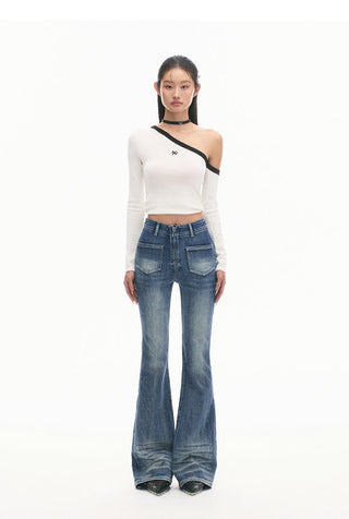 [NAWS] Sculpture Sweater Contrast Cold Shoulder Top