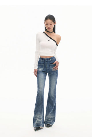 [NAWS] Sculpture Sweater Contrast Cold Shoulder Top