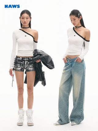 [NAWS] Sculpture Sweater Contrast Cold Shoulder Top