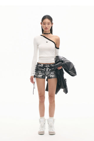 [NAWS] Sculpture Sweater Contrast Cold Shoulder Top