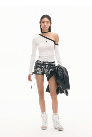 [NAWS] Sculpture Sweater Contrast Cold Shoulder Top