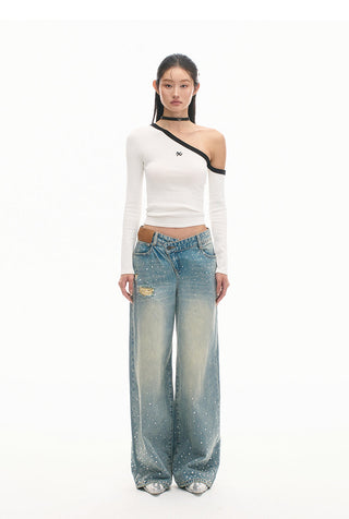 [NAWS] Sculpture Sweater Contrast Cold Shoulder Top