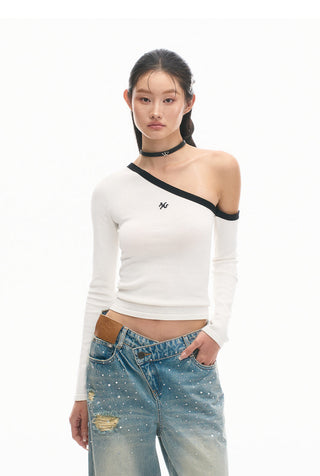 [NAWS] Sculpture Sweater Contrast Cold Shoulder Top