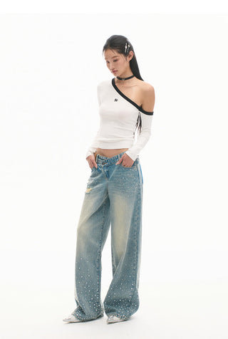 [NAWS] Sculpture Sweater Contrast Cold Shoulder Top