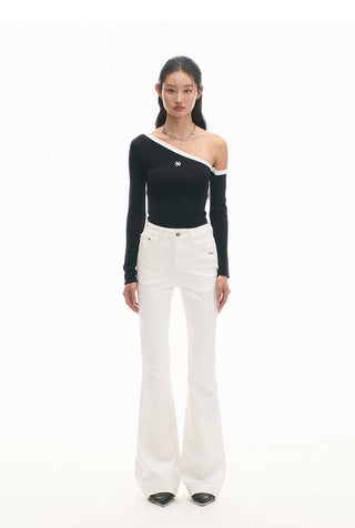 [NAWS] Sculpture Sweater Contrast Cold Shoulder Top