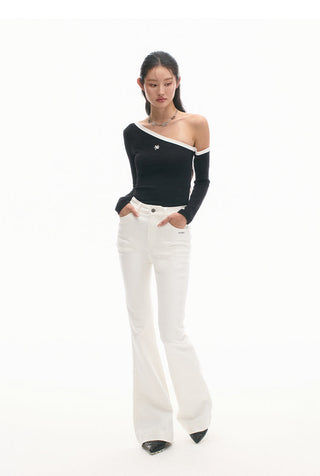 [NAWS] Sculpture Sweater Contrast Cold Shoulder Top