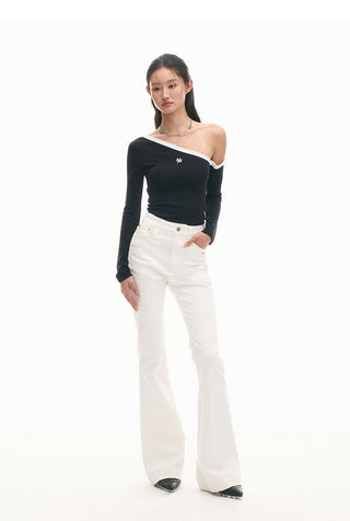[NAWS] Sculpture Sweater Contrast Cold Shoulder Top