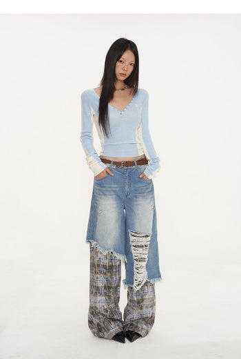 [NAWS] Plaid Stitching Wide Leg Jeans