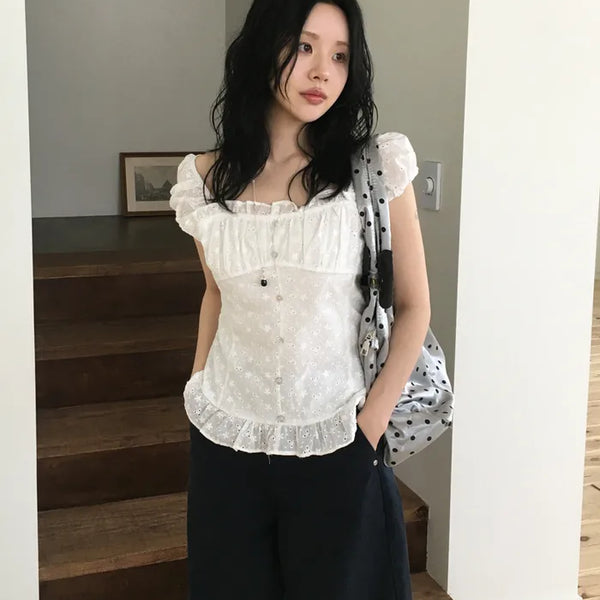[Summer/Off-Shoulder/Travel Look] Marina Embroidery Short-Sleeve Blouse