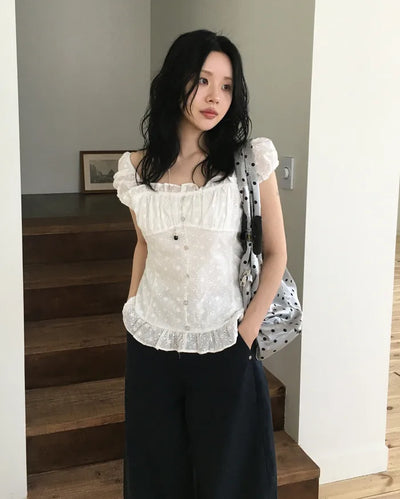 [Summer/Off-Shoulder/Travel Look] Marina Embroidery Short-Sleeve Blouse