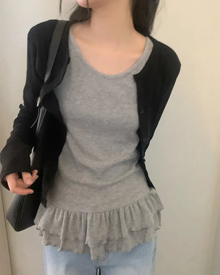 (3 colors) Ribbed Shirring Frill Layered Sleeveless