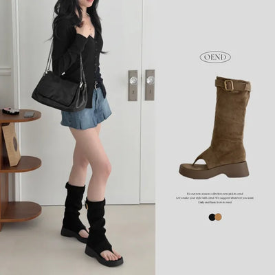 Suede Leg Warmer Buckle Platform Block Flip-flop Boots