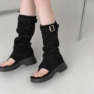 Suede Leg Warmer Buckle Platform Block Flip-flop Boots