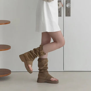 Suede Leg Warmer Buckle Platform Block Flip-flop Boots