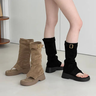 Suede Leg Warmer Buckle Platform Block Flip-flop Boots