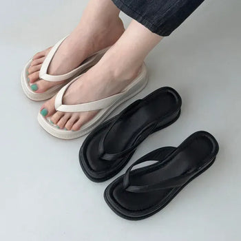 Square Platform Block Heel Flip-flop Wedge Slippers