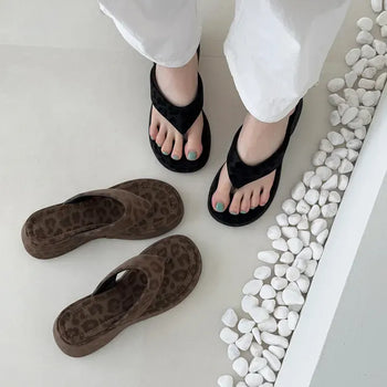 Leopard Square Platform Block Heel Flip-flops Wedge Slippers