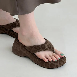 Leopard Square Platform Block Heel Flip-flops Wedge Slippers