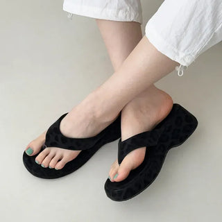Leopard Square Platform Block Heel Flip-flops Wedge Slippers