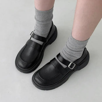 Round Buckle Strap Platform Mary Jane Loafers