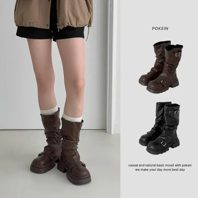 Leg Warmer Square Buckle Pleated Shirred Platform Mid-heel Boots