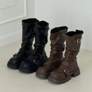 Leg Warmer Square Buckle Pleated Shirred Platform Mid-heel Boots