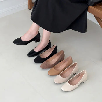Leather & Suede Square Basic Platform Pumps Flats Mid-heel