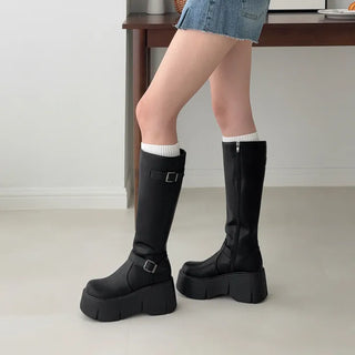 Buckle Strap Platform Zipper Mid-Long Boots
