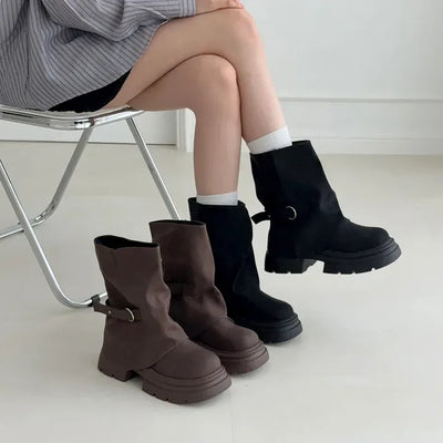 Leg Warmer Shirred Buckle Strap Platform Mid-calf Boots