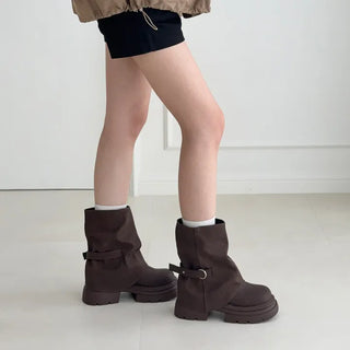 Leg Warmer Shirred Buckle Strap Platform Mid-calf Boots