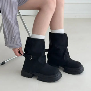 Leg Warmer Shirred Buckle Strap Platform Mid-calf Boots