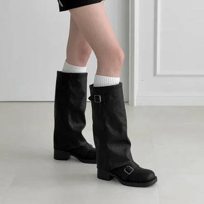 Square Buckle Strap Chunky Platform Leg Warmer Mid-Long Boots