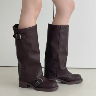 Square Buckle Strap Chunky Platform Leg Warmer Mid-Long Boots