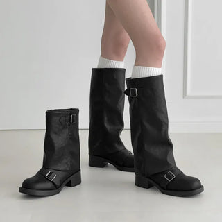 Square Buckle Strap Chunky Platform Leg Warmer Mid-Long Boots