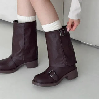 Square Buckle Strap Chunky Platform Leg Warmer Mid-Long Boots