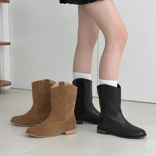 Leather Suede Western Half Mid-Mid Boots