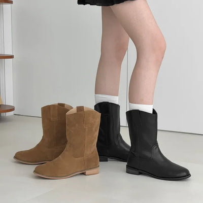 Leather Suede Western Half Mid-Mid Boots