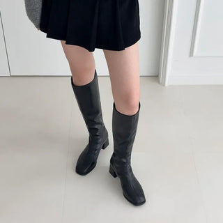 Square Platform Slim Fit Zipper Leather Long Boots