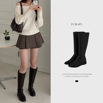 Square Side Zipper Wide-Legged Flat Long Boots