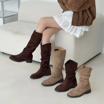 Round Suede V-Cut Shirred Western Flat Mid & Long Boots -2583&2584