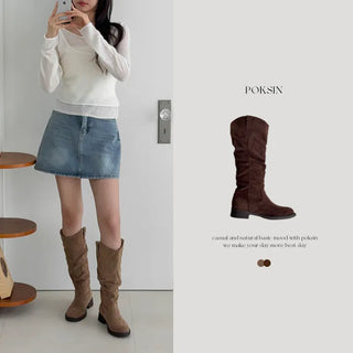 Round Suede V-Cut Shirred Western Flat Mid & Long Boots -2583&2584