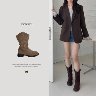 Round Suede V-Cut Shirred Western Flat Mid & Long Boots -2583&2584