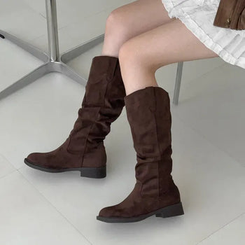 Rounded Toe V-Cut Suede Shirred Western Flat Long Boots