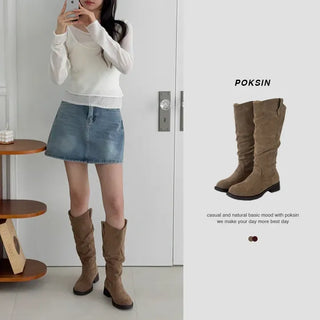 Rounded Toe V-Cut Suede Shirred Western Flat Long Boots