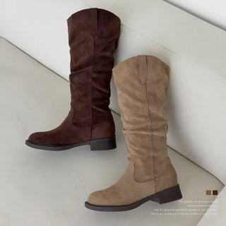 Rounded Toe V-Cut Suede Shirred Western Flat Long Boots